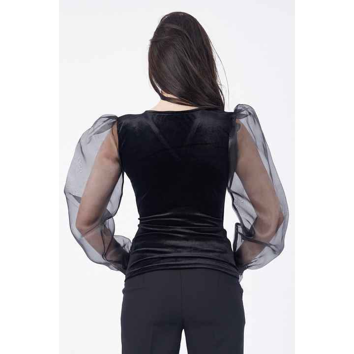 Double Breasted Velvet Sleeves Organza Blouse | Blz32561 Black