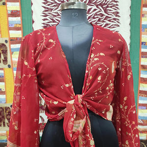 Recién llegado, Top corto de seda pura para mujer, ropa corta de verano con escote en V profundo, manga larga de campana, patrón de lunares, Top informal para mujer - Product Image 1