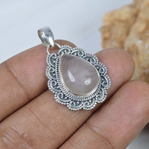 Colgante de piedra indio de la mejor calidad, colgante de piedras preciosas de Plata de Ley 925 de cuarzo rosa Natural, regalo de piedra natal de octubre para ella - Product Image 2