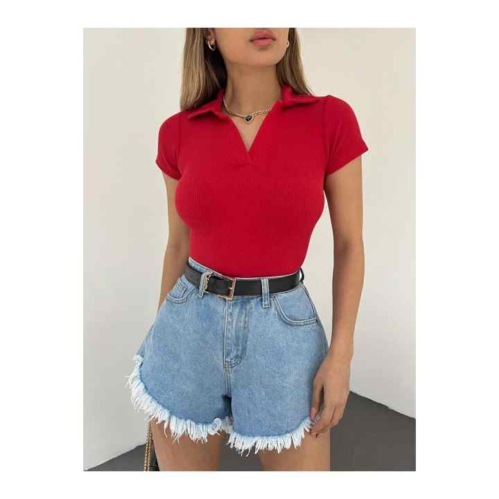 Fitted Red Polo Neck Short Sleeve Camisole Crop Blouse