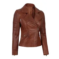 Chaqueta Corta de Cuero 100% Genuino para Mujer, Color Marrón, Tejida, Ecológica, Transpirable, de Secado Rápido, con Cierre de Cremallera, Moda al por Mayor