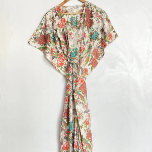 Indio hecho a mano 100% algodón Kaftan pájaro impreso Maxi vestido Casual verano y otoño largo Kaftan suave algodón" - Product Image 1