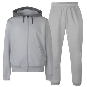 Chándal unisex gris con capucha, sudadera con cremallera completa y bolsillos laterales, y pantalones a juego, ropa informal de otoño, 100% algodón - Product Image 1