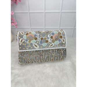 Beaded Pearl Floral Handmade Evening <b>Clutch</b> <b>Wedding</b> Party Bag Gray Fringe Decorated - Product Image 1