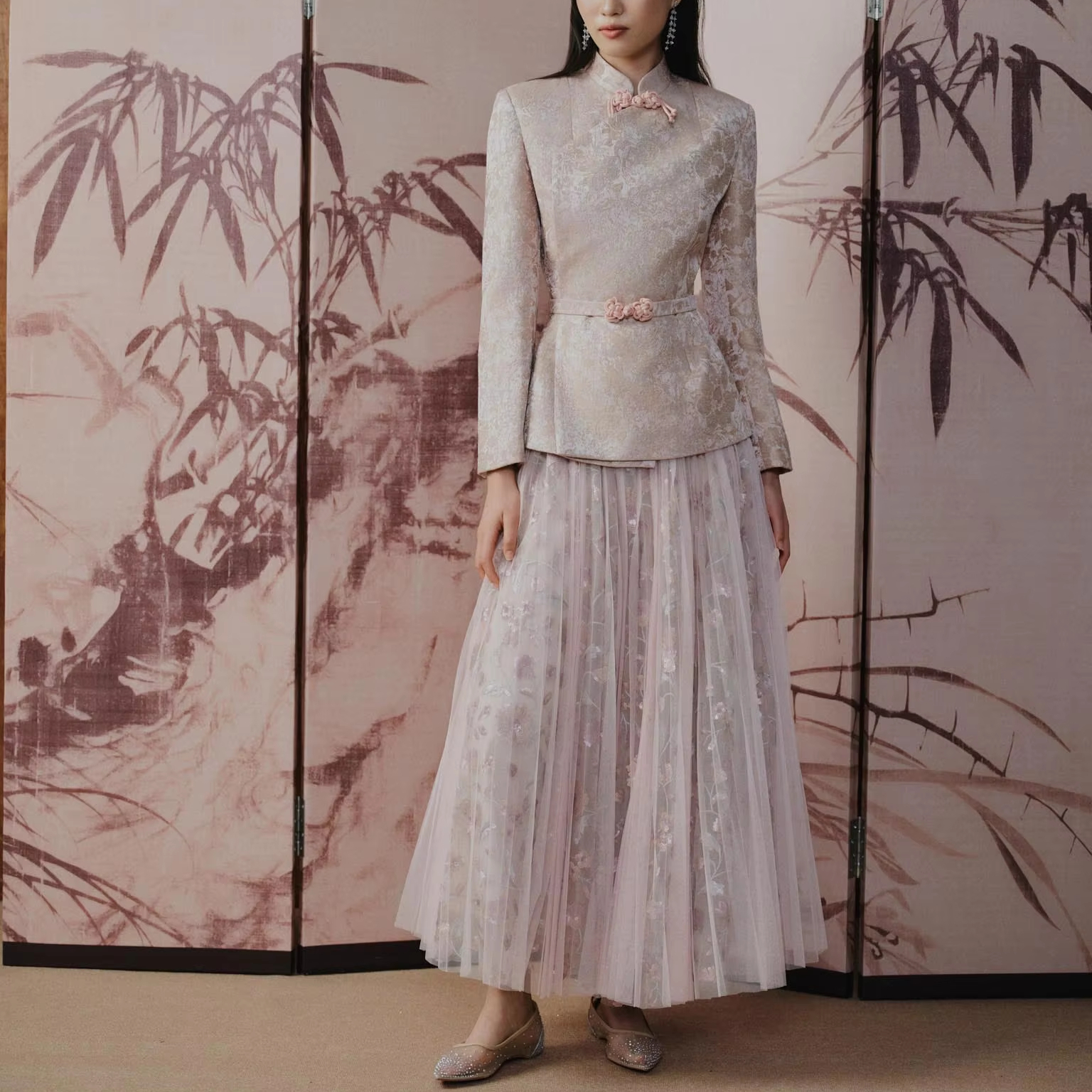 green emerald velvet dress Cream Floral Modern Ao Dai Vietnam NO PANTS main image 0