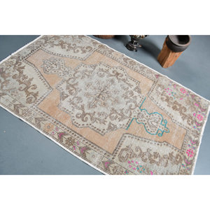 Alfombra turca Vintage Beige-Marrón 4,3X6,9 pies Tejido plano de lana con patrón de retazos para decoraciones de sala de estar Uso de pasillo - Product Image 4