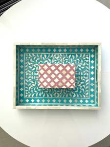 TITLES TRAY Bandeja de servicio hecha a mano Incrustaciones de hueso de lujo Ramadán Desayuno Comida Fruta Café Té Bandeja decorativa a bajo - Product Image 4