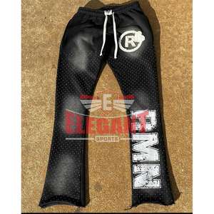 Survêtements lavés à l'acide avec fermeture à glissière en strass pour hommes, ensembles de sweat à capuche et de pantalons en détresse avec broderie évasée - Product Image 5