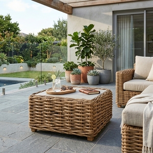 Table basse carrée en rotin naturel tressé avec plateau en pierre de béton, idéale pour la terrasse, décoration artistique pure pour la conception d'intérieur - Product Image 4