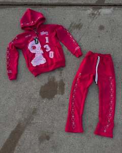 Ensemble deux pièces personnalisé d'un poids lourd Rhinestone multicolore sérigraphie survêtement à fermeture éclair survêtement - Product Image 6