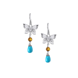 Boucles d'oreilles créoles papillon en argent sterling avec perle d'eau douce et accent diamant ambre - Bijoux de mariage et de fête - Product Image 2