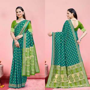 Indien Banarasi doux soie Saree Zari tissage belle tenue traditionnelle, y compris des pièces de chemisier pour les mariages prix de gros - Product Image 3
