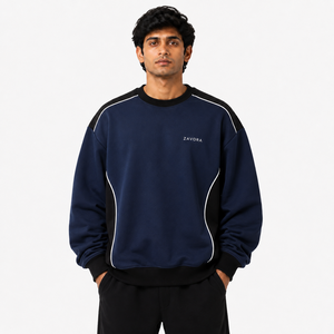 Oversize Men's Sweatshirt Crew Neck Pullover Black Contrast Panel Reflective Piping <b>Raglan</b> Sleeve Casual <b>Top</b> Custom Logo Hoodies - Product Image 1