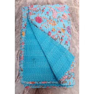 Indian Kantha Bed Cover <b>Quilt</b> Block Floral Printed Blanket Cotton Kantha Bedspread Handmade Kantha Coverlet <b>Throw</b> Queen - Product Image 3