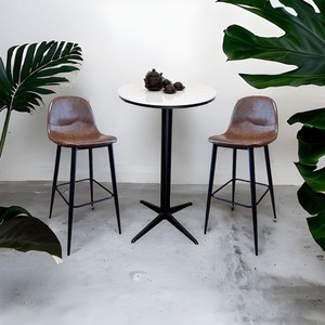 Ensemble de bar contemporain avec table de bar ronde à plateau en pierre et 2 chaises rembourrées en similicuir - Product Image 3