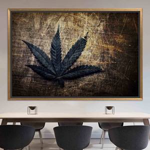 Tableau sur toile imprimé feuille de cannabis style vintage grunge, décoration murale élégante, toile encadrée dorée - Product Image 1