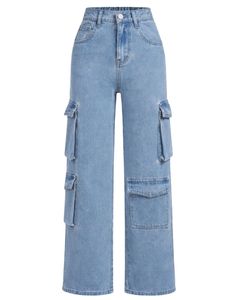 Pantalon cargo en denim bleu clair sur mesure pour femmes, taille haute, multi-poches, jambe large, coupe ample, streetwear, jean décontracté - Product Image 1