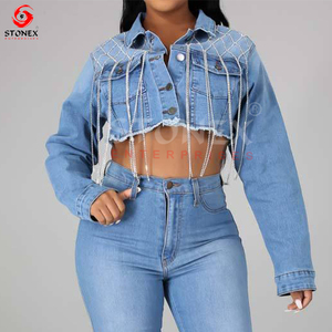 OEM Custom Fashion Elegant Blue Long <b>Sleeves</b> <b>Short</b> Cotton Denim Women <b>Jacket</b> Decorated With Pearls - Product Image 5
