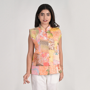 Chaqueta Acolchada con Estampado de Patchwork y Cuello Mao, Chaqueta de Algodón Estampada, Chaqueta sin Mangas Estilo Primavera para Mujer - Product Image 1