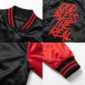 Chaqueta Varsity Negra y Roja de Satén para Hombre, Bordada con 'God Bless The Real', Estilo Urbano, Cuello Camisero, Cierre de un Solo Botón, para Otoño - Product Image 6
