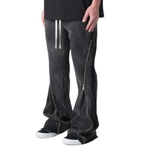 Pantalones deportivos casuales para hombre, estilo flare apilado, de poliéster con lavado ácido, ecológicos, transpirables, de ajuste holgado, con cremallera - Product Image 1