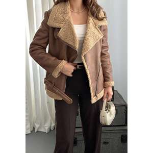 เสื้อแจ็คเก็ตขนเฟอร์เทียมสีแทนสำหรับผู้หญิง พร้อมอีโบเล็ต ขายส่ง - Product Image 6