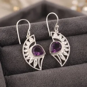 Boucles d'oreilles pendantes Bohème en argent sterling 925 pour femme, serties d'améthyste, motif géométrique, pour usage quotidien - Product Image 1