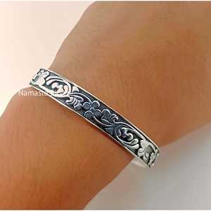 925 Sterling <b>Silver</b> Open <b>Cuff</b> Floral Tennis <b>Bracelet</b> Handmade Adjustable Bangle for Birthday Anniversary Valentine's Day - Product Image 2