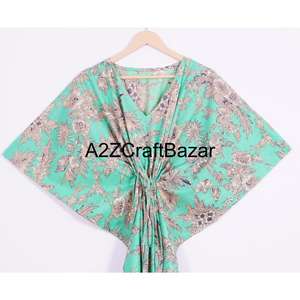 Caftán para Mujer, Algodón Indio, Estampado Floral a Mano, Maxi Largo, para Playa, Ropa de Dormir, Kimono, Cuello en V, Cinturón, Lavable, Secado Rápido - Product Image 2