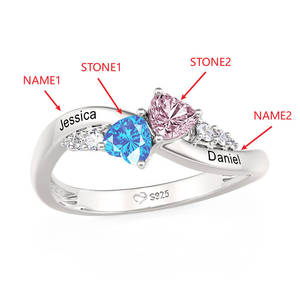 Bague personnalisée Jeulia à double cœur avec pierre de naissance et gravure, plaquée rhodium ou or rose - Product Image 4