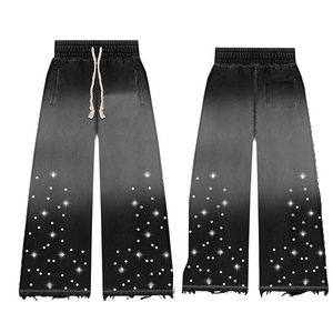 Pantalon baggy empilé taille haute personnalisé pantalon de survêtement évasé décontracté décorations de perles en strass fermeture à cordon - Product Image 6