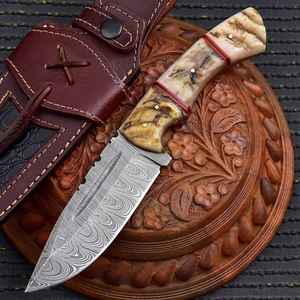 Venta al por mayor personalizado de alta calidad OEM ODM servicio mejor cuerno mango Damasco hoja de acero punto de caída cuchillo Bowie de caza al aire libre - Product Image 1