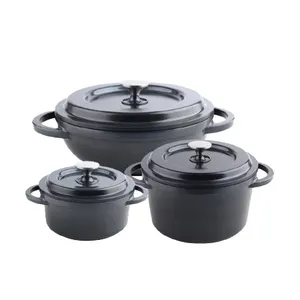 OEM Set peralatan masak kelas tinggi panci masak dapur dan panci pabrik Set panci sup Enamel hitam Set peralatan masak besi cor item tunggal