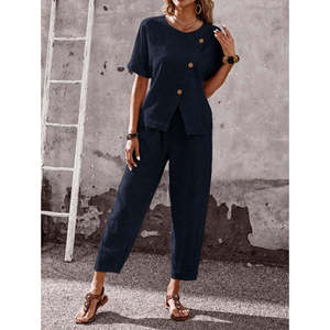 Conjunto de Dos Piezas para Mujer, Blusa de Manga Corta con Detalle Asimétrico y Botones, Pantalones, 35926 - Negro - Product Image 2