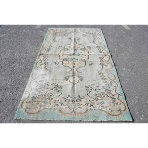 Tapis en Laine Vintage Fait Main Beige Bleu Patchwork 4.7ft X 8ft Couloir Rectangulaire pour Salon Chambre Latex Viscose PP pour Adolescents - Product Image 1