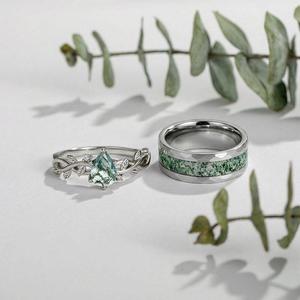 Jeulia Nature Inspired Moss Agate Wedding Couple <b>Rings</b> Set - Product Image 4