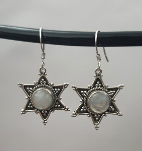 Pierre de lune arc-en-ciel naturelle 925 argent sterling Starburst Dangle 3.8 cm boucles d'oreilles 5.26 gms bijoux faits à la main pour les filles - Product Image 4