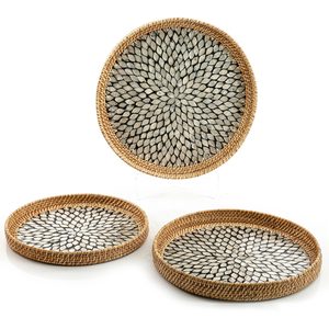 Organisateur de maison tissage à la main rotin vadrouille plateau fruits pâtisserie servant nacre incrustation plateaux - Product Image 2