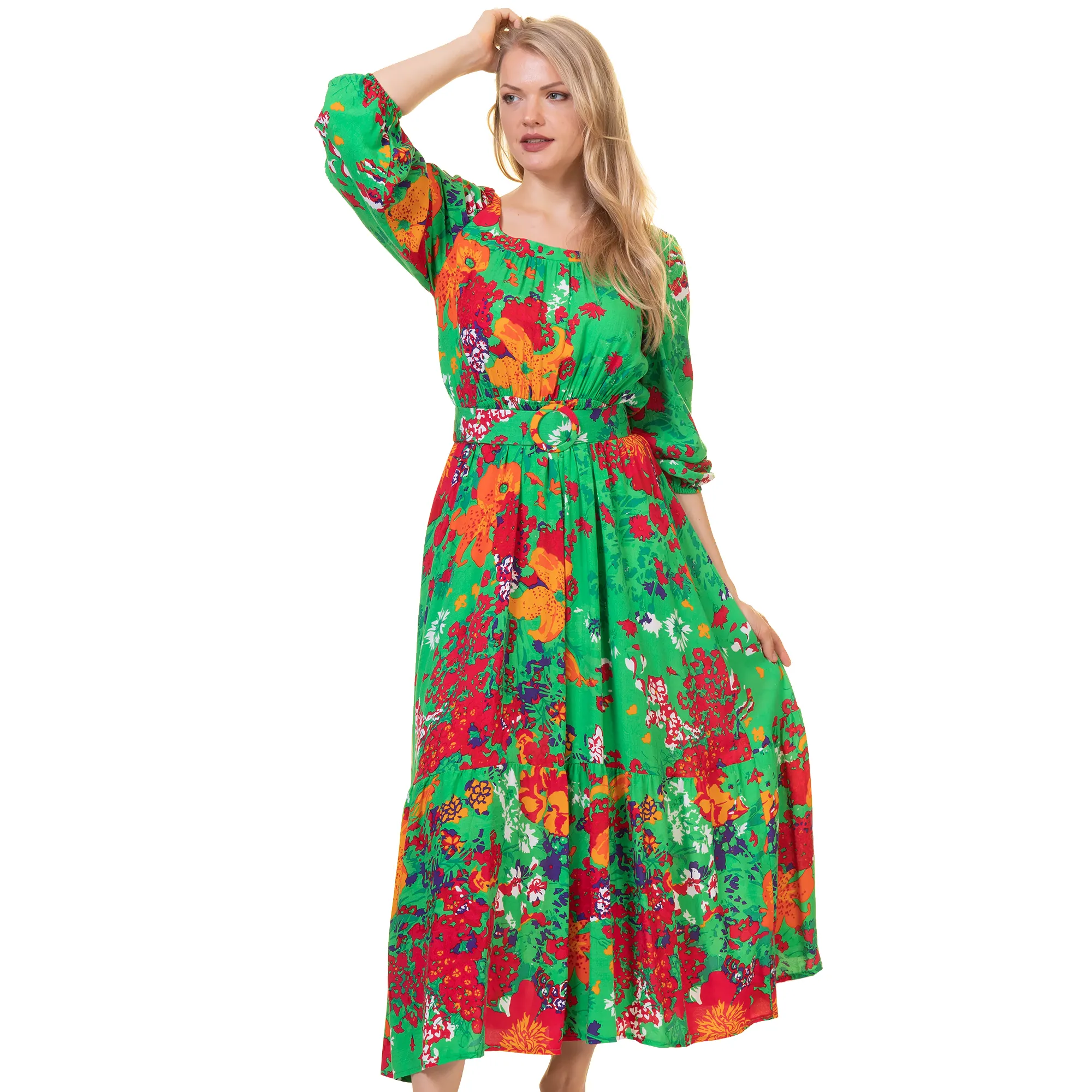 Robe longue en coton personnalisée de haute qualité pour dames Robe midi décontractée avec ceinture en lin et mélange de soie à imprimé floral pour femmes fabriquée en Turquie