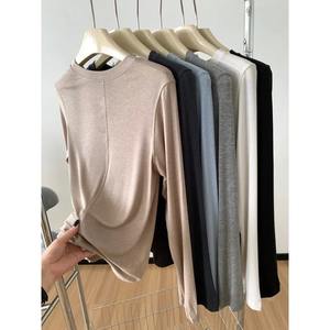 T-shirt en acétate de lyocell et laine pour femme, couleur unie, haut de base, manches longues pour le printemps, l'automne et l'hiver, col rond, coupe ajustée et chaude - Product Image 1