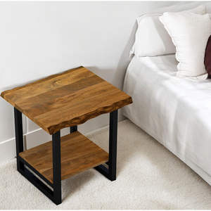 Table d'appoint carrée de style industriel en bois massif et en fer HMS 24 pouces avec étagère marron et noir L pour meubles de maison - Product Image 1