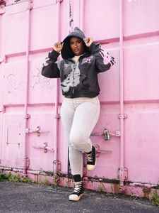 Streetwear OEM personnalisé délavé à l'acide Impression DTG personnalisée Sweat à capuche graphique 100% coton avec fermeture éclair en strass pour hommes - Product Image 2