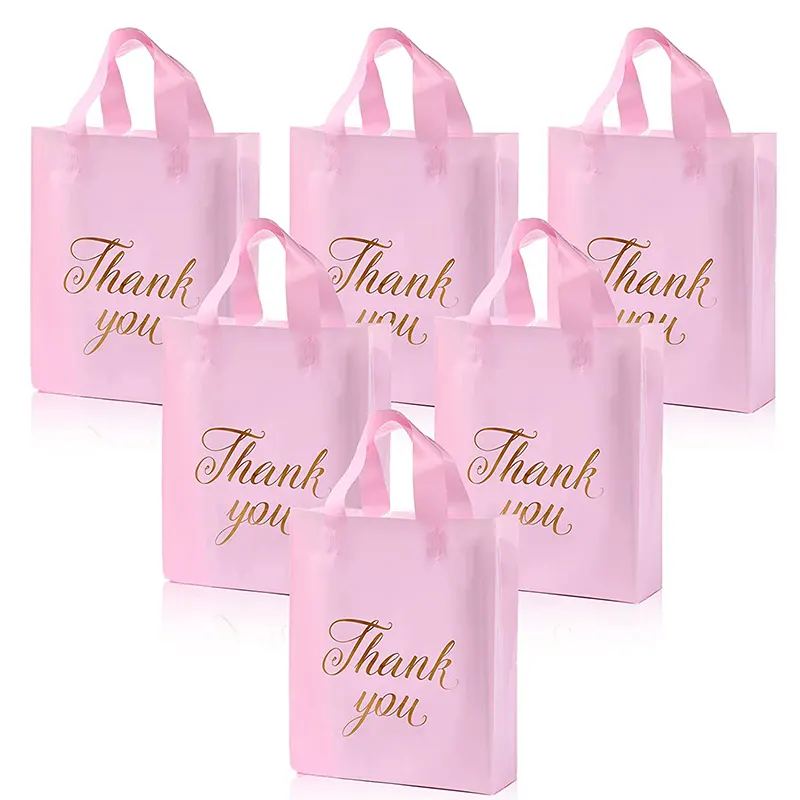 Bolsa de plástico PE con logotipo personalizado impreso, bolso de compras reciclable con mango rosa, Thank You, Para Boutique