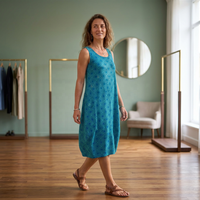 Robe midi sans manches à imprimé géométrique turquoise, coupe ample, col en U, tissée, décontractée, douce, estivale, écologique, respirante, taille naturelle