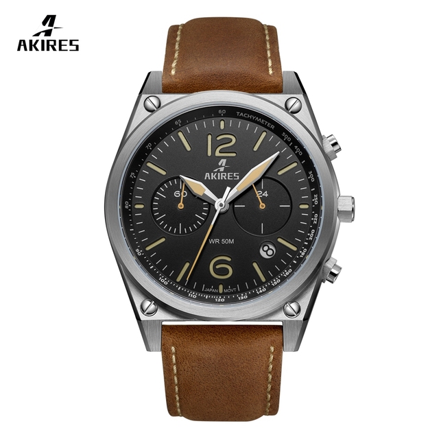 Chronograph Tachymeter Sports Quartz Akires Men Leather Strap Male Men's Watch