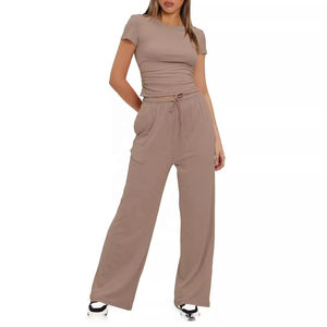 Conjuntos de ropa de salón de 2 piezas de verano para mujer, conjuntos de ropa de salón de 2 piezas informales de manga corta de Color sólido al por mayor personalizados - Product Image 3