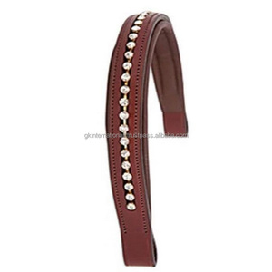 Bande de sourcils de cheval rembourrée en cuir véritable marron clair, luxe, canal vide, personnalisé avec 1 rangée de cristaux clairs, bande de sourcils bling - Product Image 5