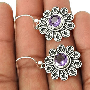 Joyería de piedra natal de febrero, Pendientes colgantes con forma de flor de piedra preciosa de amatista púrpura Natural de Plata de Ley 925 para mujeres y niñas - Product Image 3