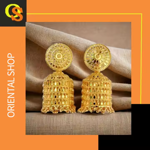 Ensemble de boucles d'oreilles de qualité super exportation avec des bijoux de boucles d'oreilles de style Jhumka plaqués or 22CT de conception traditionnelle à vendre - Product Image 3