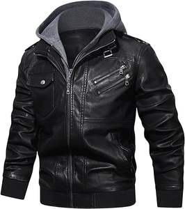 Chaqueta de motorista clásica para hombre, chaqueta de cuero negra acolchada con acabado elegante, Capucha ajustable, ligera, ajustada, negra - Product Image 2